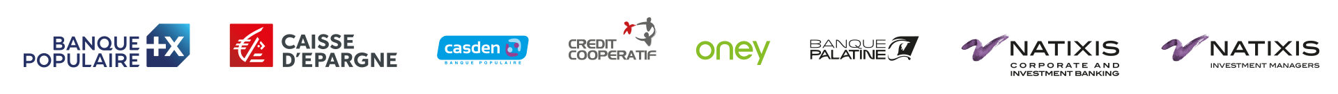 Logos Banque Populaire, Caisse d'Epargne, Casden, Crédit Coopératif, Oney, Banque Palatine, Natixis Corporate & Investment Banking, Natixis Investment managers