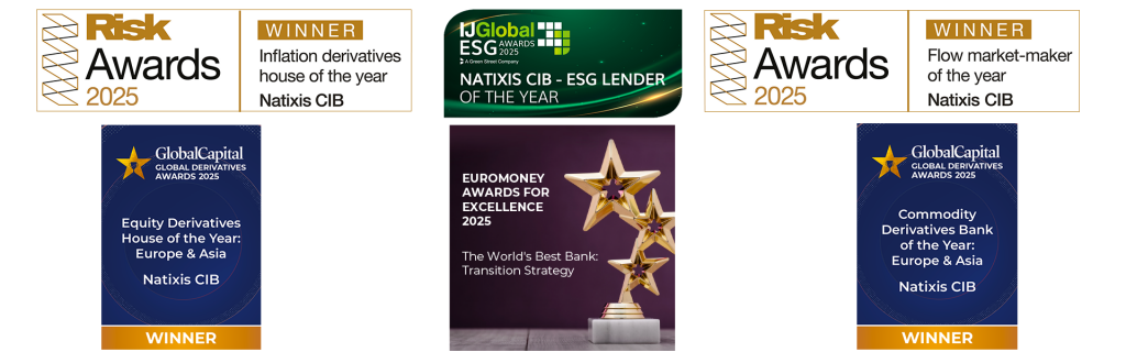 Risk Awards 2025 Inflation derivatives house of the year; 
Risk Awards 2025 Flow-market maker of the Year; 
GlobalCapital Awards 2025: Equity Derivatives House of the year Europe and Asia; GlobalCapital Awards 2025: Commodity Derivatives Bank of the Year Europe and Asia;
Euromoney Awards For Excellence 2025/The world best Bank Excellence 2025